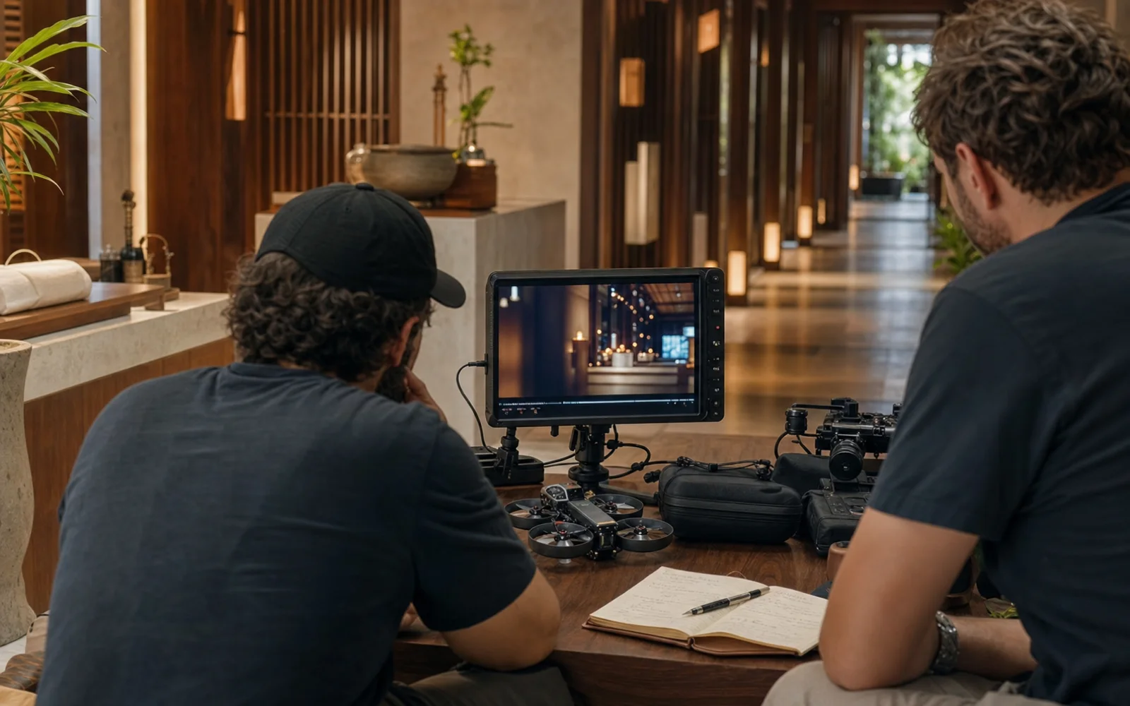 Production team reviewing spa hospitality video frames on a monitor in Bangkok