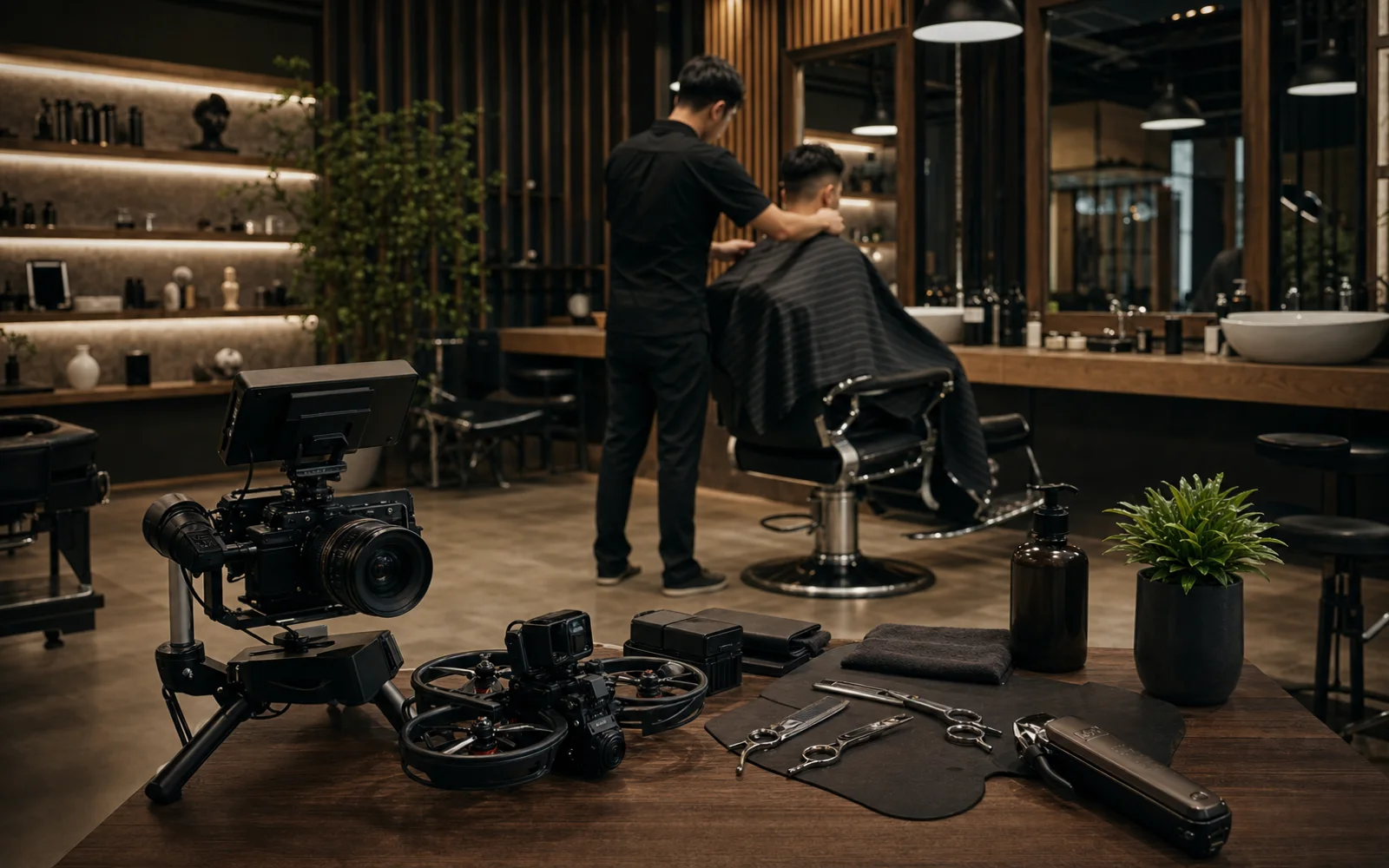 Ultra realistic cinematic barbershop video shoot in Bangkok with barber chair and mirror