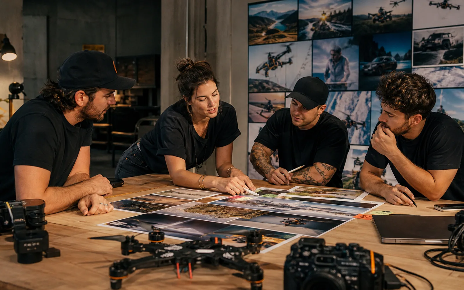 Creative team briefing an FPV drone pilot for a premium brand film