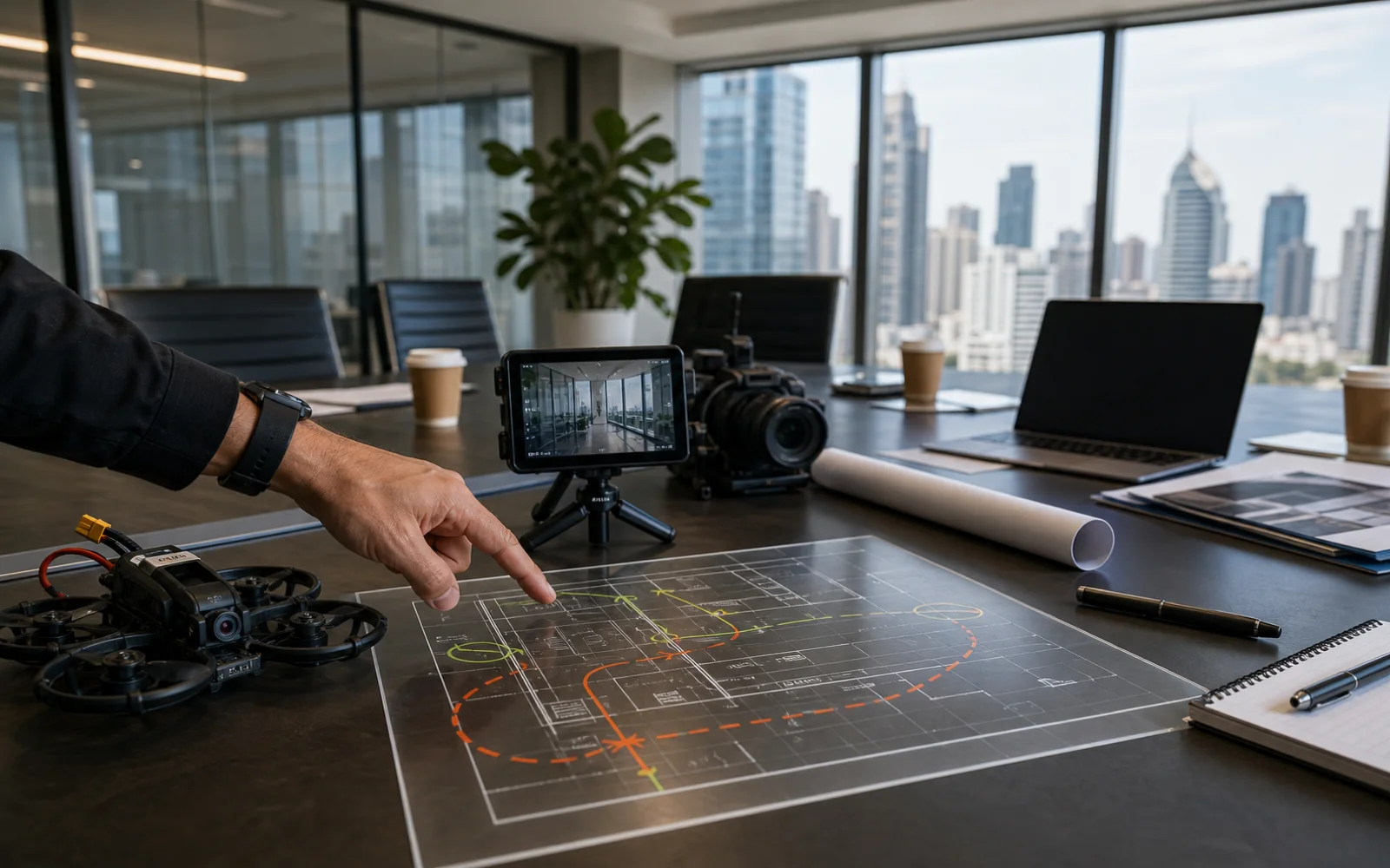 FPV and ground camera planning for business service video in a modern Bangkok meeting room