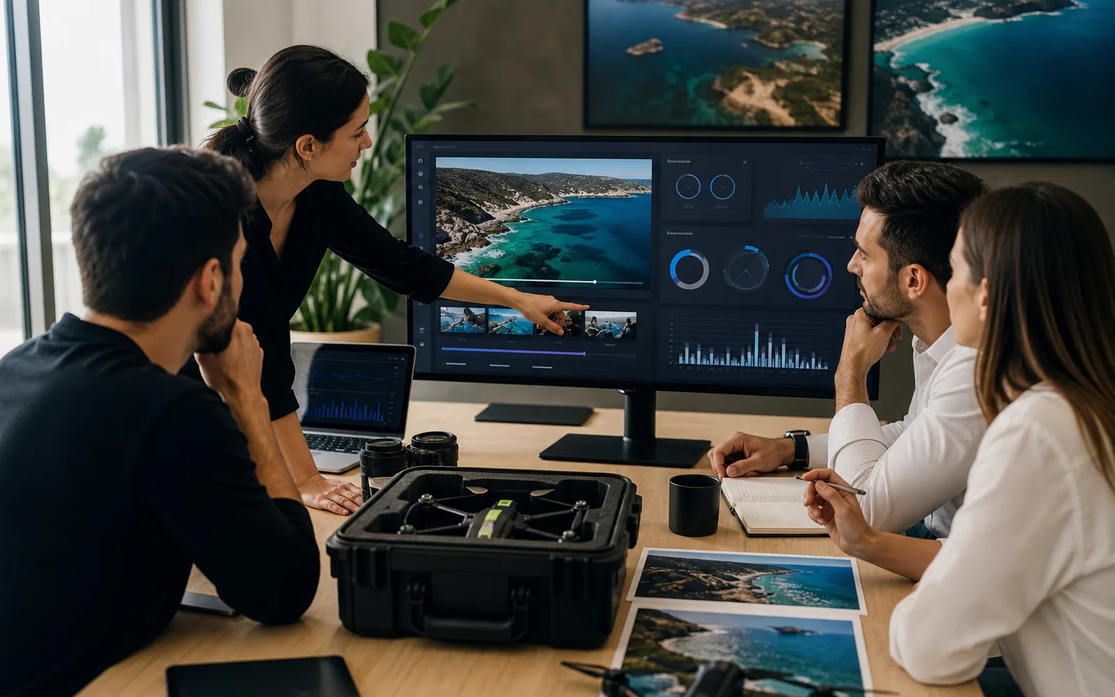 Marketing team reviewing drone video analytics and conversion signals