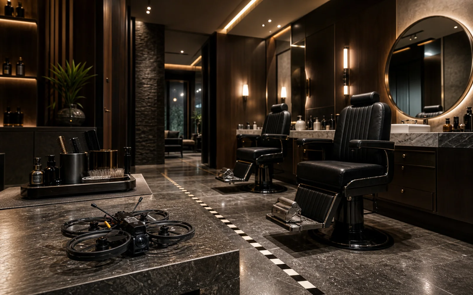 Premium luxury barbershop interior filmed with cinematic FPV route through private grooming chairs