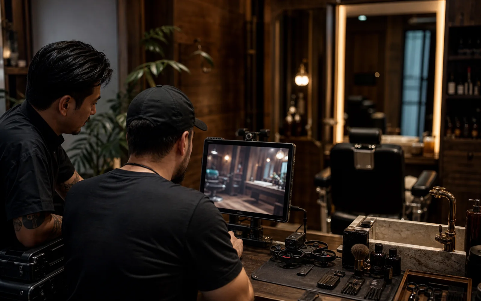 Director reviewing luxury grooming lounge video frames with lighting and route notes