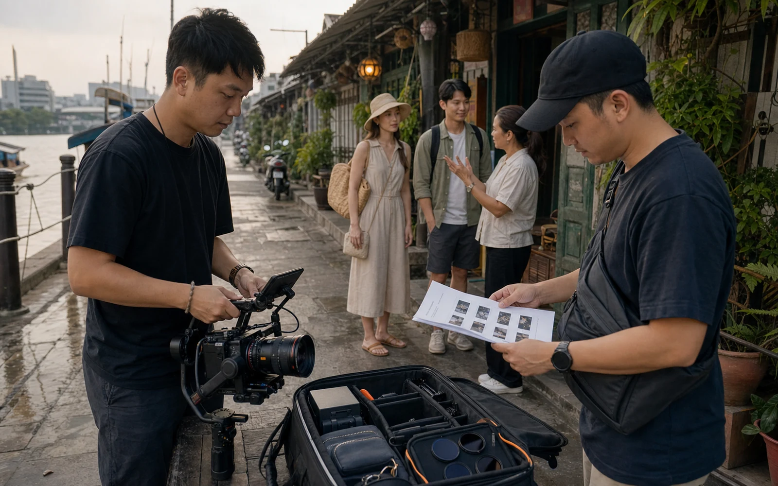 Realistic behind-the-scenes video production crew preparing a Bangkok tourism shoot near the river