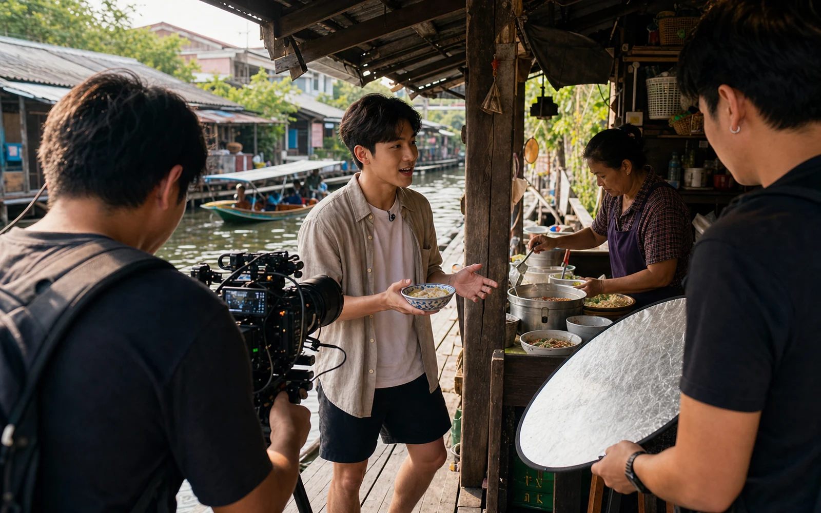 Realistic Bangkok canal food-tour video shoot with camera crew, host, vendor and reflector
