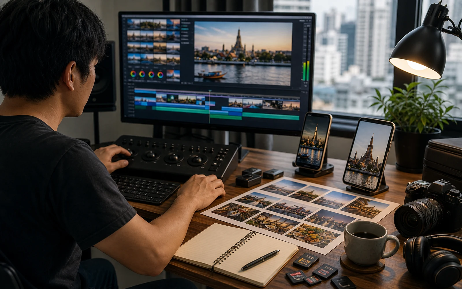 Professional video editing desk for Bangkok tourism content with vertical social media previews and photo selects