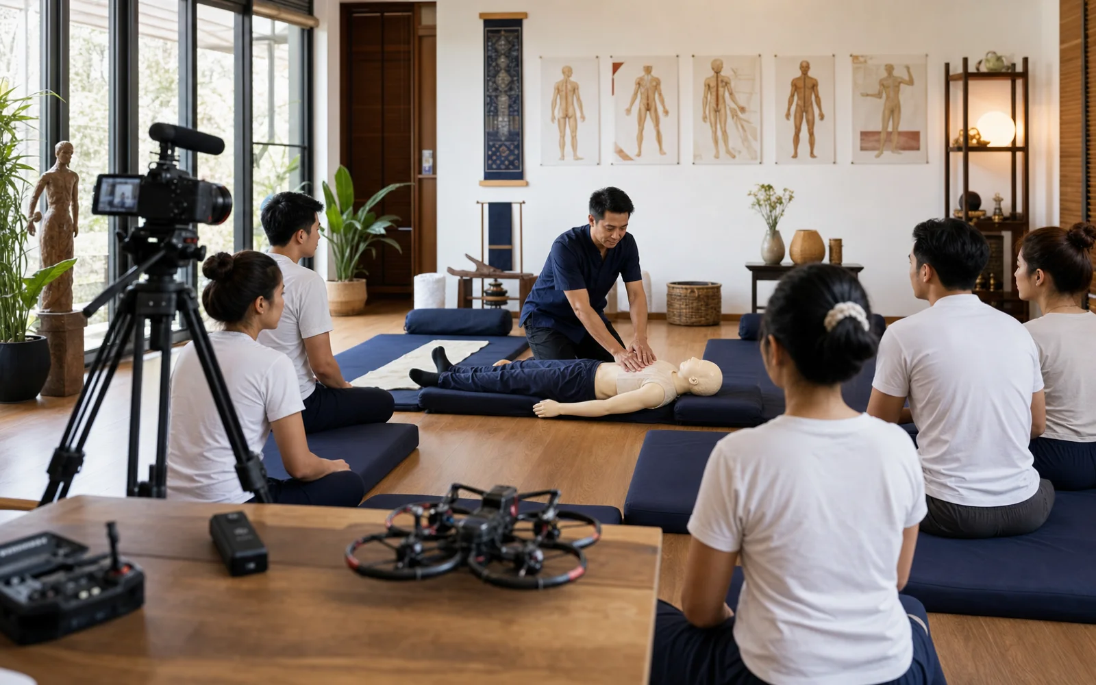 Thai massage school class filmed with a professional camera during instructor demonstration on floor mats